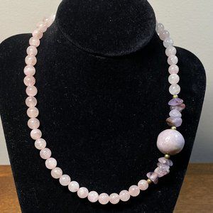 Rose Quartz Beaded Necklace w. Lilac/Purple Colored Glass Beads On Side
